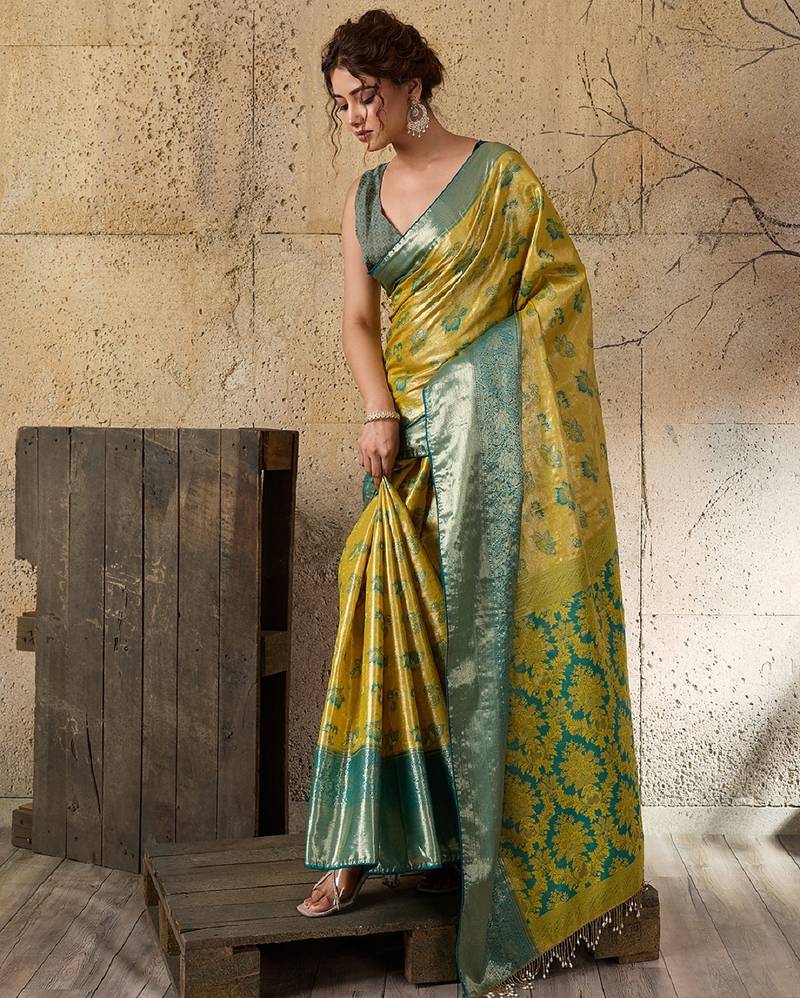 yellow zari work silk blend kanjivaram saree with blouse