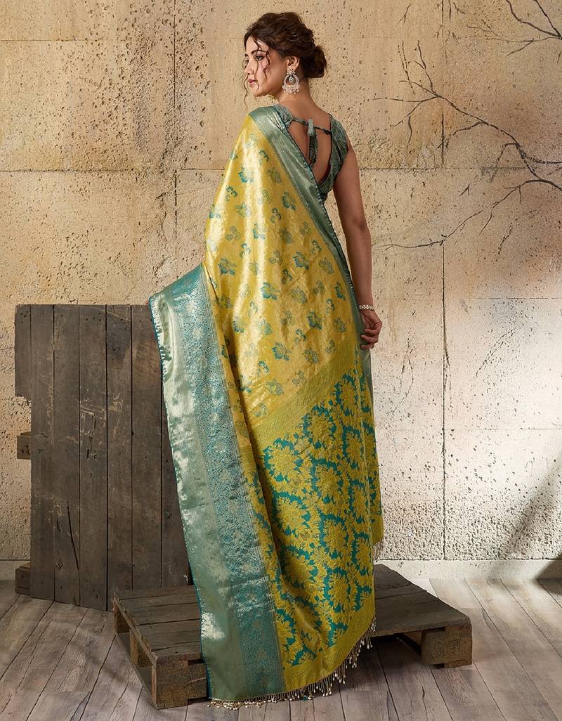 yellow zari work silk blend kanjivaram saree with blouse