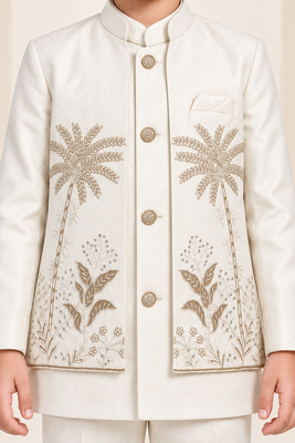 Boys off white cotton blend botanical embroidered sherwani & trouser set with waistcoat 3