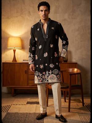 Black embroidered kurta pajama with sequence work in pure lachaka fabric 1