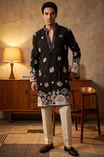 Black embroidered kurta pajama with sequence work in pure lachaka fabric