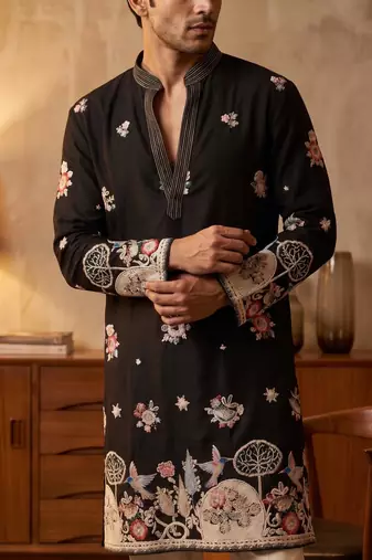 Black embroidered kurta pajama with sequence work in pure lachaka fabric