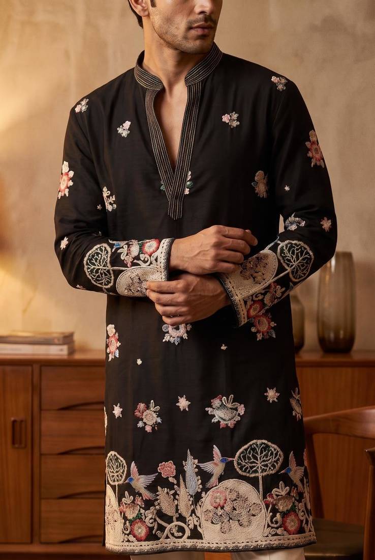 Black embroidered kurta pajama with sequence work in pure lachaka fabric