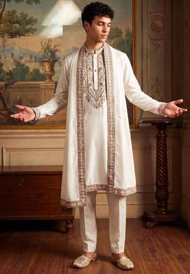 Cream embroidered kurta pajama in pure lachaka fabric 1