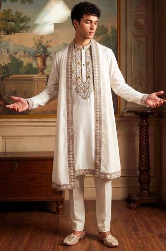 Cream embroidered kurta pajama in pure lachaka fabric