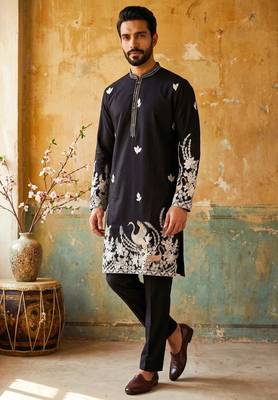 Black embroidered kurta pajama in pure linen fabric 1