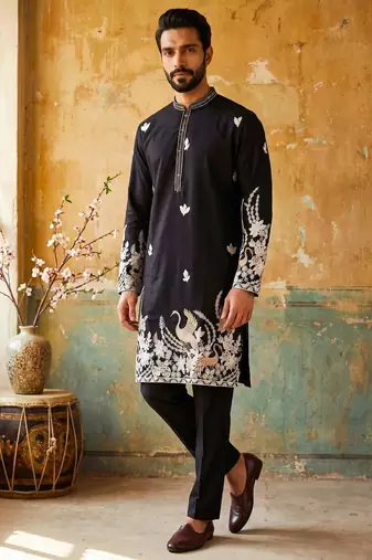 Black embroidered kurta pajama in pure linen fabric