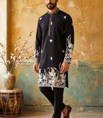 Black embroidered kurta pajama in pure linen fabric