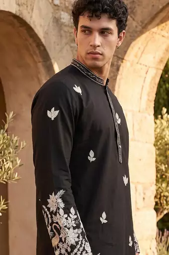 Black embroidered kurta pajama in pure linen fabric