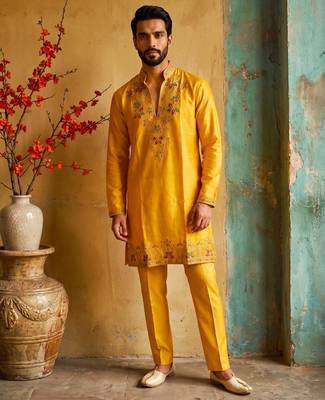 Yellow embroidered kurta pajama with sequence work in pure shimmer fabric 1