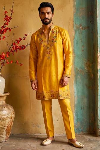 Yellow embroidered kurta pajama with sequence work in pure shimmer fabric