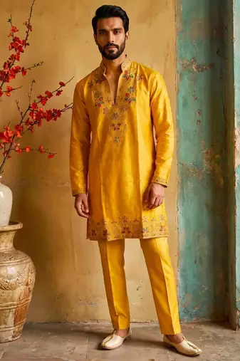 Yellow embroidered kurta pajama with sequence work in pure shimmer fabric