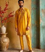Yellow embroidered kurta pajama with sequence work in pure shimmer fabric