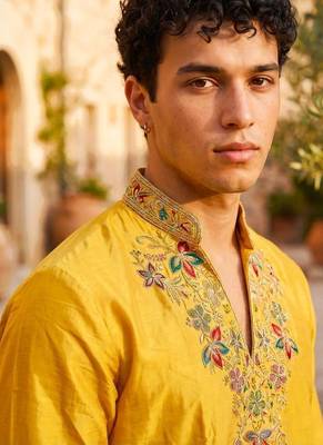 Yellow embroidered kurta pajama with sequence work in pure shimmer fabric 2