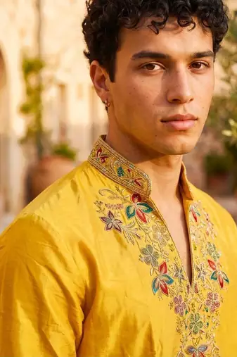 Yellow embroidered kurta pajama with sequence work in pure shimmer fabric