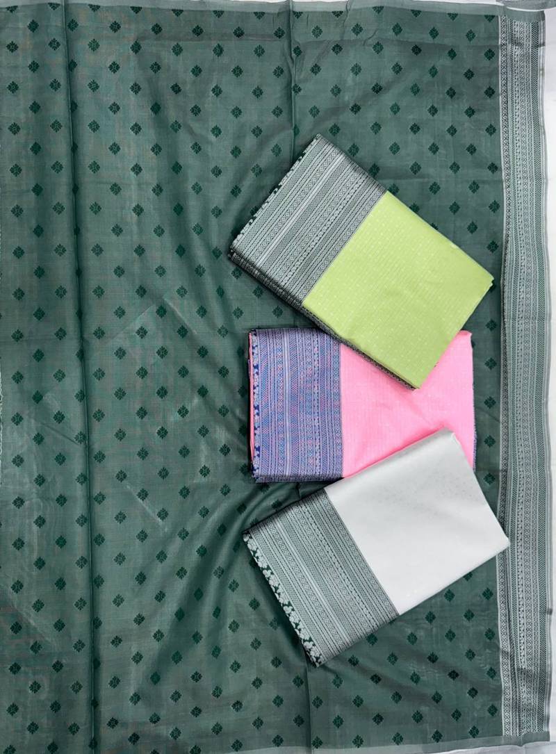 Pista green silk blend jacuard work festival saree with unstitched blouse piece