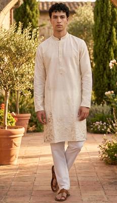 Cream embroidered kurta pajama in pure linen fabric 1