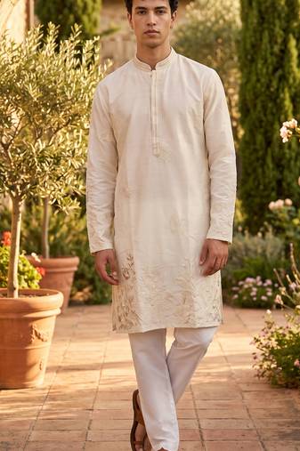 Cream embroidered kurta pajama in pure linen fabric