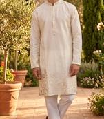 Cream embroidered kurta pajama in pure linen fabric