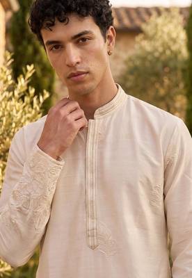 Cream embroidered kurta pajama in pure linen fabric 2