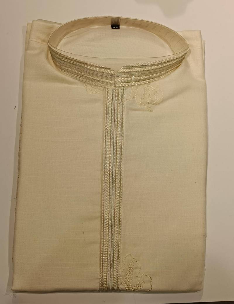 Cream embroidered kurta pajama in pure linen fabric