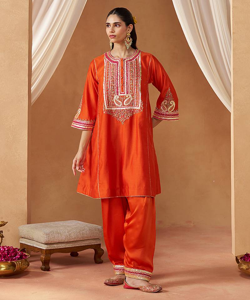 Burnt orange chauga kurta with salwar