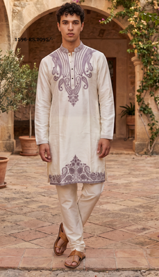 Cream embroidered kurta pajama with sequence work in pure silk fabric 1