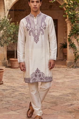 Cream embroidered kurta pajama with sequence work in pure silk fabric