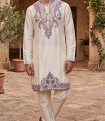 Cream embroidered kurta pajama with sequence work in pure silk fabric