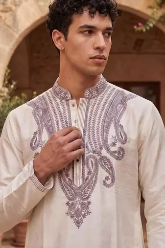 Cream embroidered kurta pajama with sequence work in pure silk fabric
