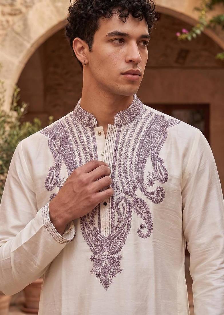 Cream embroidered kurta pajama with sequence work in pure silk fabric