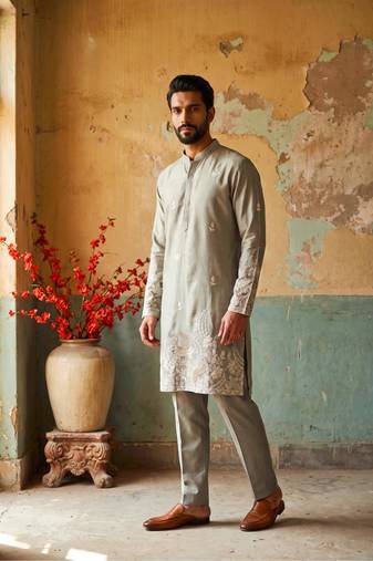 Grey embroidered kurta pajama  in pure linen fabric