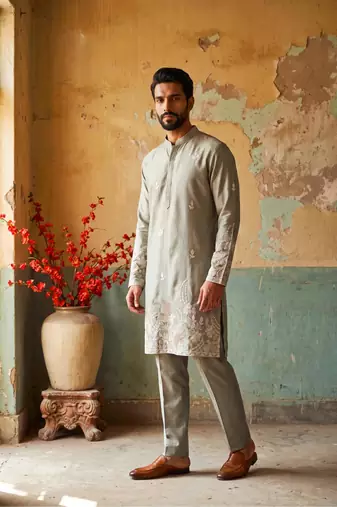Grey embroidered kurta pajama  in pure linen fabric