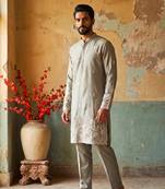 Grey embroidered kurta pajama  in pure linen fabric