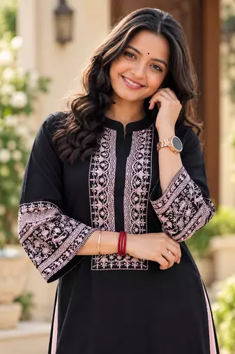 black color thread work cotton anarkali top palazzo set