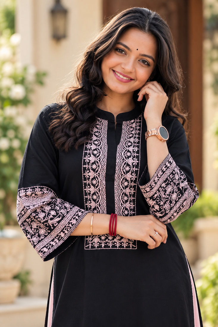black color thread work cotton anarkali top palazzo set