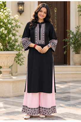 black color thread work cotton anarkali top palazzo set 1