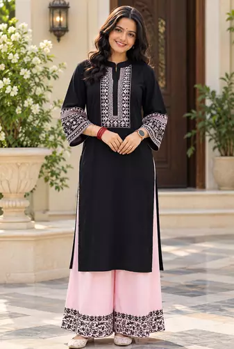 black color thread work cotton anarkali top palazzo set