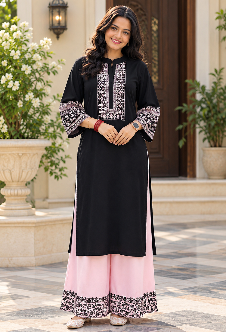 black color thread work cotton anarkali top palazzo set