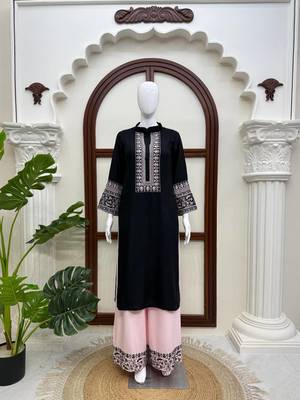 black color thread work cotton anarkali top palazzo set 3