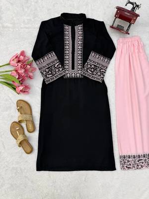 black color thread work cotton anarkali top palazzo set 5