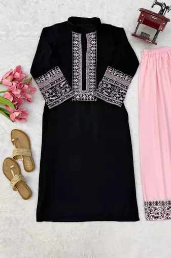 black color thread work cotton anarkali top palazzo set