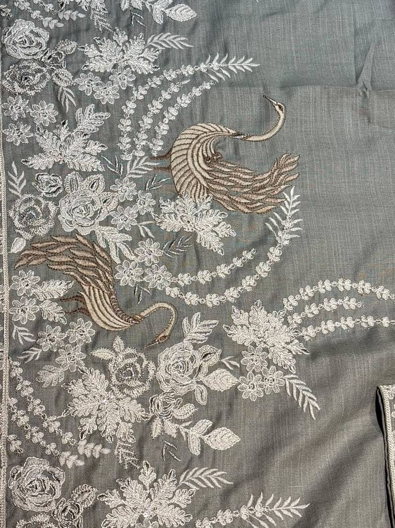 Grey embroidered kurta pajama  in pure linen fabric