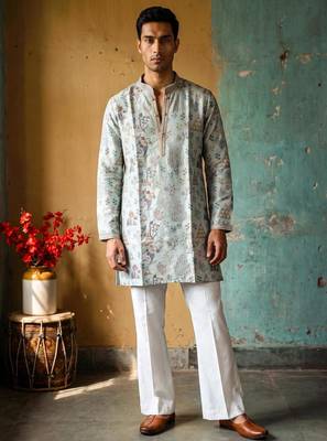 Grey embroidered kurta pajama with sequence work in pure tissue fabric 1