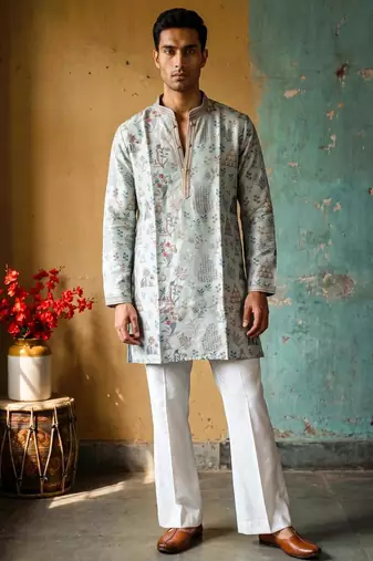 Grey embroidered kurta pajama with sequence work in pure tissue fabric