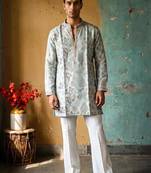 Grey embroidered kurta pajama with sequence work in pure tissue fabric