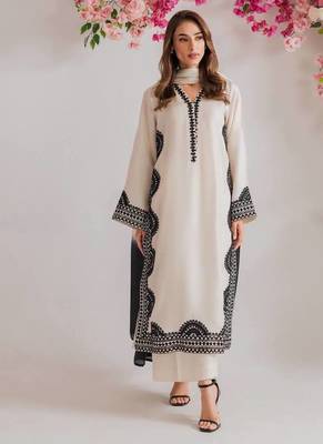 white color thread work silk blend top pent set 1