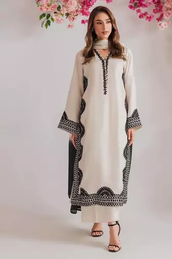 white color thread work silk blend top pent set