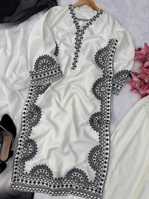 white color thread work silk blend top pent set 5