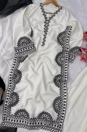white color thread work silk blend top pent set